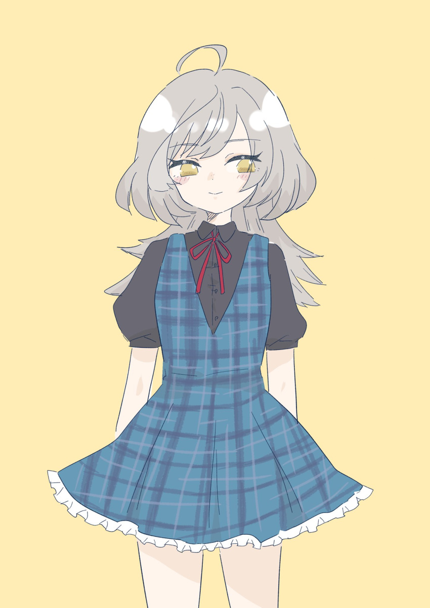 1girl, adapted_costume, ahoge, arms_at_sides, assault_lily, black_shirt, blue_dress, blush