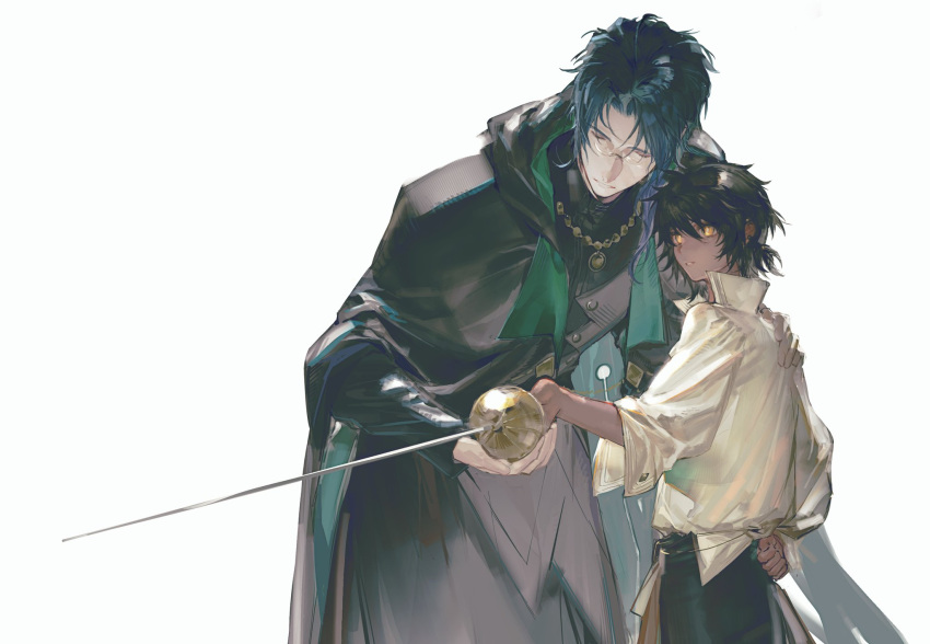 2boys, aged_down, arknights, aulus_(arknights), black_hair, black_robe, closed_eyes, dark-skinned_male, dark_skin, fencing, glasses, gradient_hair, highres, jewelry, multicolored_hair, multiple_boys, necklace, practicing, priest, robe, shirt, short_hair, short_ponytail, simple_background, skolly, sword, teacher_and_student, thorns_(arknights), very_dark_skin, weapon, white_background, white_shirt, yellow_eyes