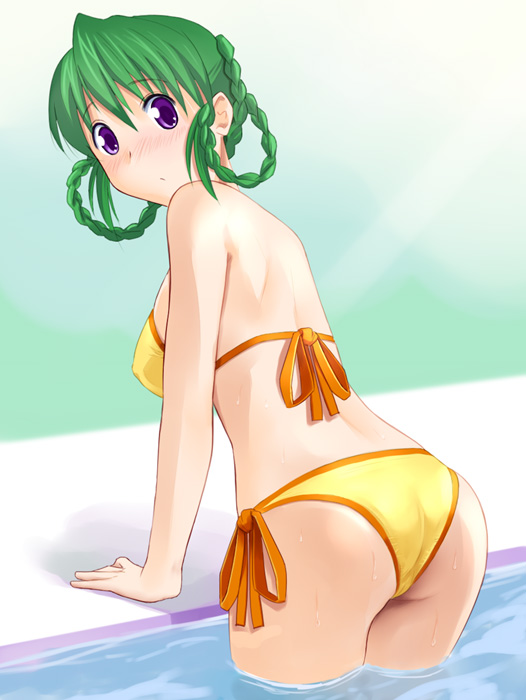 bad_id, bikini, braid, green_hair, katatsuka_kouji, long_hair, looking_back, mina_likering