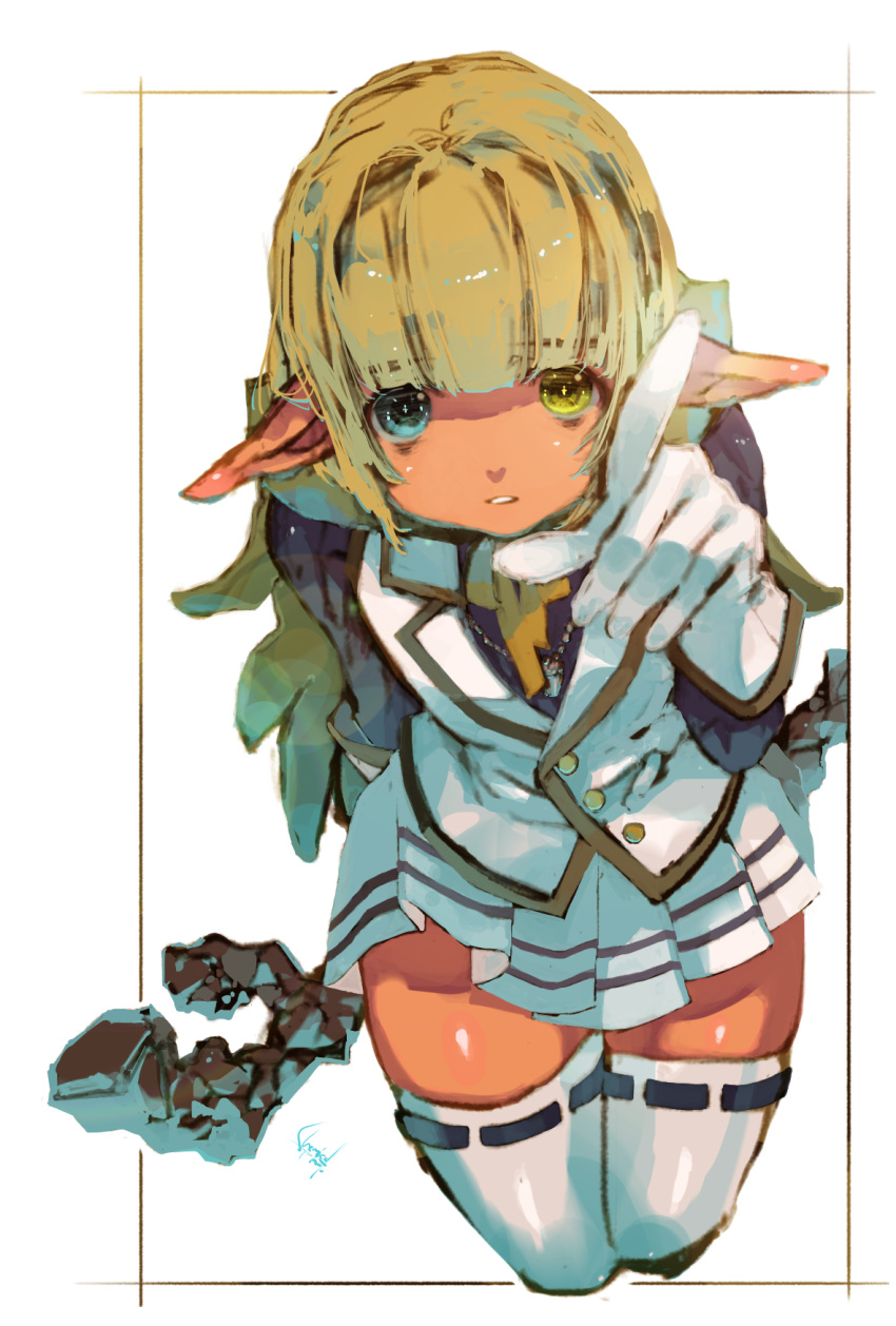 1boy, armor, blue_eyes, blue_shirt, blunt_bangs, cape, dark_elf, elf, gloves, green_cape, green_eyes, heterochromia, highres, leirion5, mare_bello_fiore, otoko_no_ko, overlord_(maruyama), pointy_ears, scale_armor, shirt, short_hair, skirt, thigh-highs, vest, white_background, white_skirt, white_thighhighs, white_vest, wooden_staff