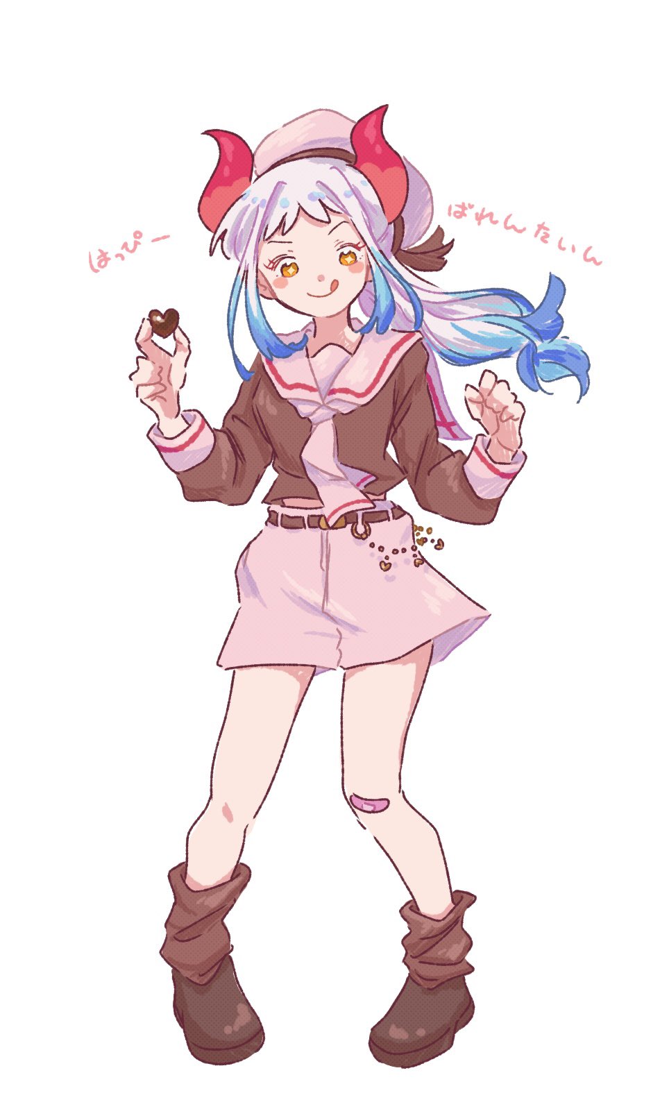 0h_my_god, 1girl, aqua_hair, bandaid, bandaid_on_face, blue_hair, blush_stickers, cardcaptor_sakura, chocolate, commentary_request, cosplay, food, full_body, hat, highres, holding, holding_chocolate, holding_food, horns, kinomoto_sakura, kinomoto_sakura_(cosplay), long_sleeves, looking_at_viewer, multicolored_hair, one_piece, ponytail, red_horns, sailor_collar, school_uniform, shorts, sidelocks, simple_background, smile, solo, star-shaped_pupils, star_(symbol), symbol-shaped_pupils, tomoeda_elementary_school_uniform, tongue, tongue_out, white_background, white_hair, white_shorts, yamato_(one_piece), yellow_eyes