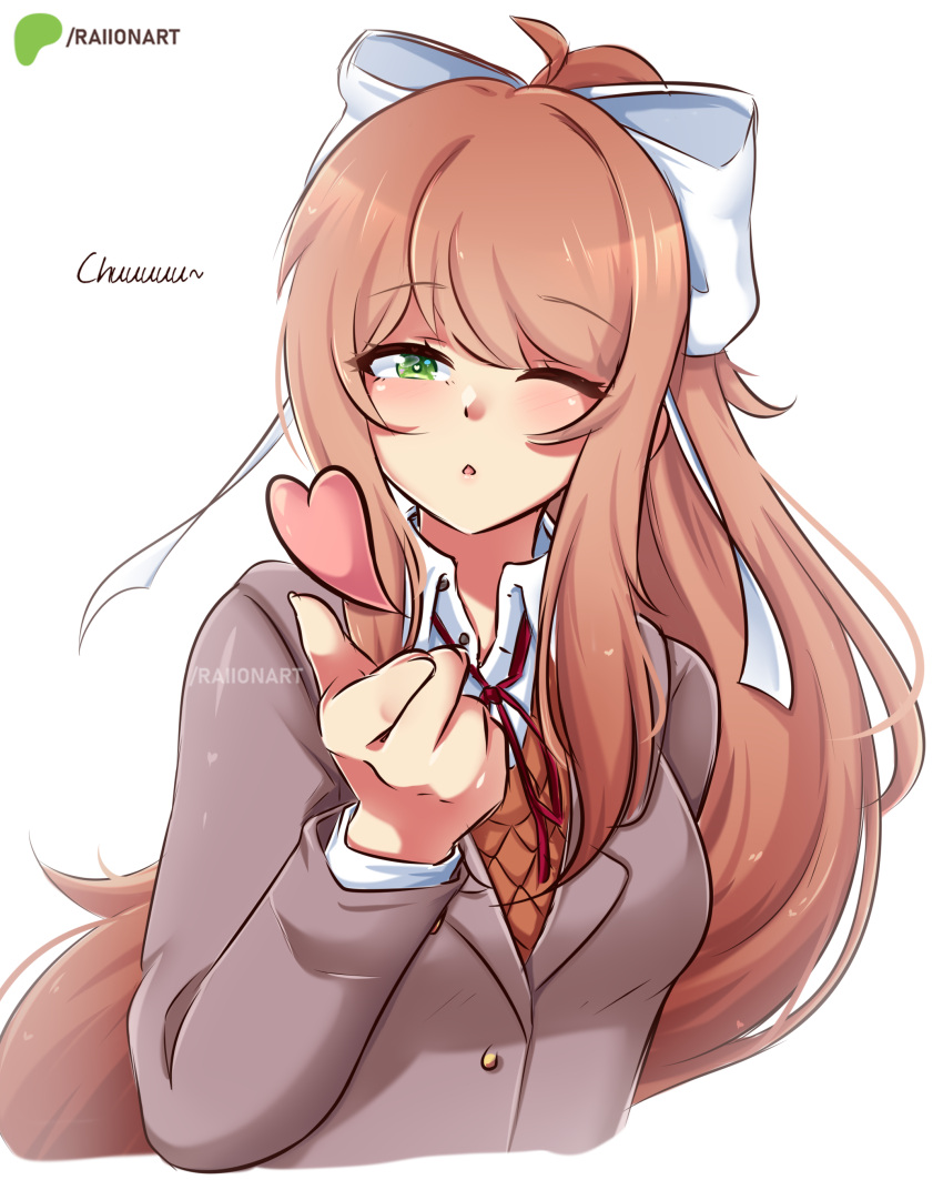 1girl, absurdres, blowing_kiss, brown_jacket, commentary, doki_doki_literature_club, green_eyes, hair_ribbon