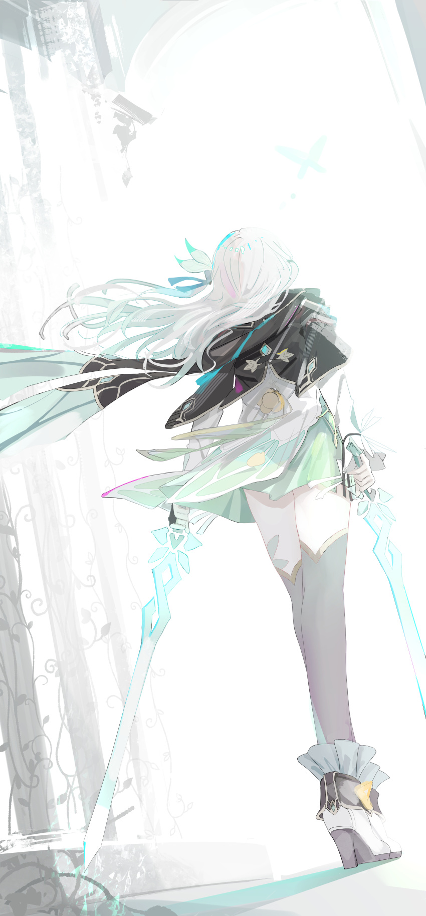 1girl, absurdres, black_jacket, black_thighhighs, dual_wielding, dutch_angle, firefly_(honkai:_star_rail), floating_hair