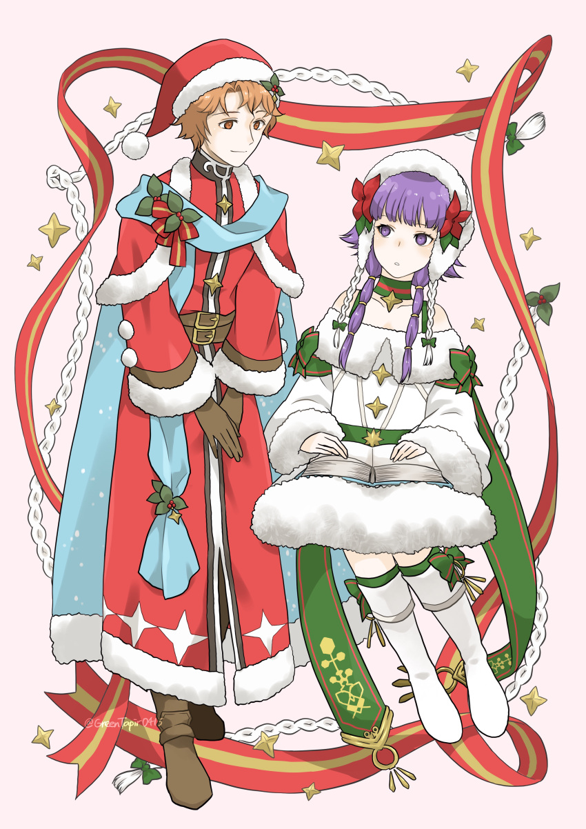 1boy, 1girl, absurdres, artist_name, artur_(fire_emblem), artur_(fire_emblem)_(silver_saint), bare_shoulders, belt, book, boots, brown_footwear, brown_gloves, coat, fire_emblem, fire_emblem_heroes, flower, gloves, hair_flower, hair_ornament, hat, highres, invisible_chair, kneehighs, lute_(fire_emblem), midori_no_baku, mistletoe, open_book, orange_hair, poinsettia, purple_hair, red_eyes, red_ribbon, ribbon, rope, santa_hat, sitting, socks, violet_eyes, white_coat, white_footwear
