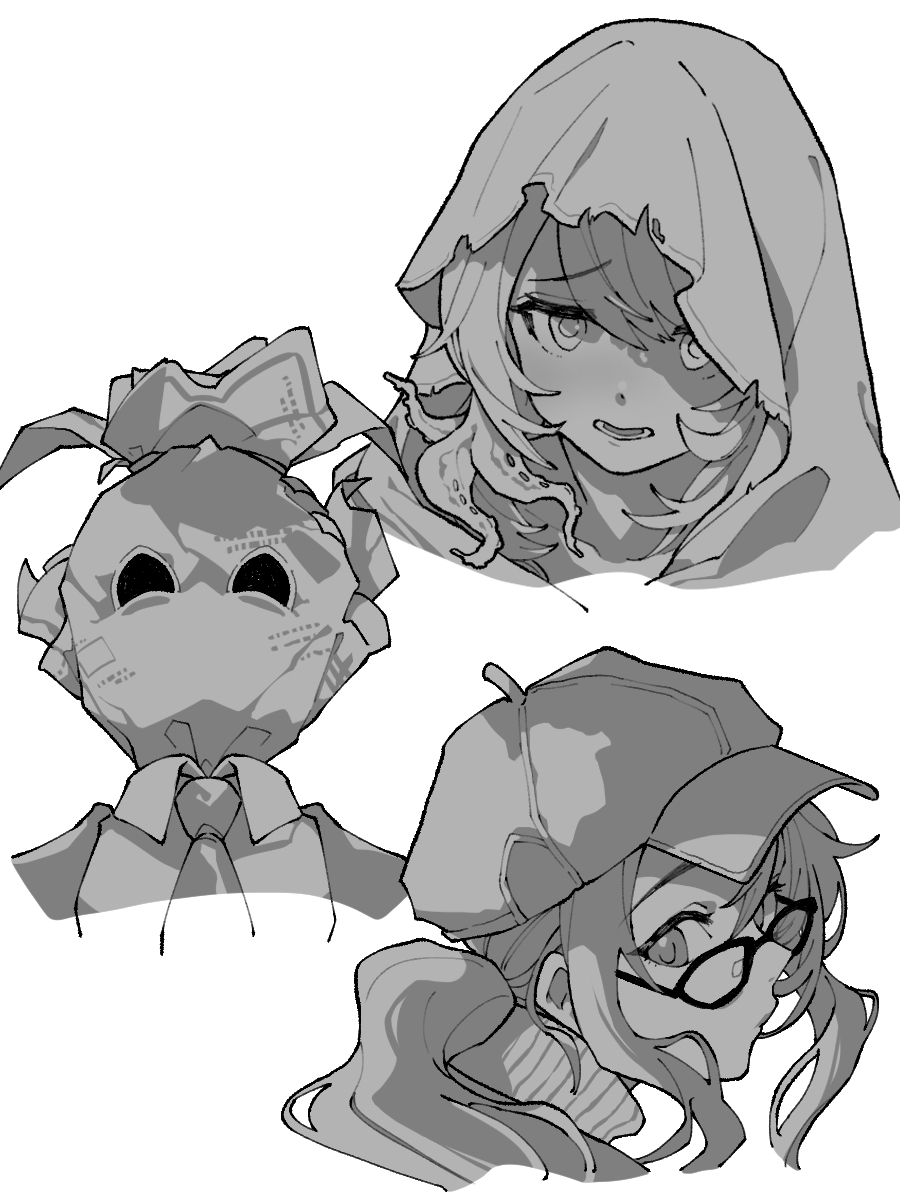 3girls, cabbie_hat, collared_shirt, covered_face, cropped_head, furrowed_brow, ghost_costume, greyscale
