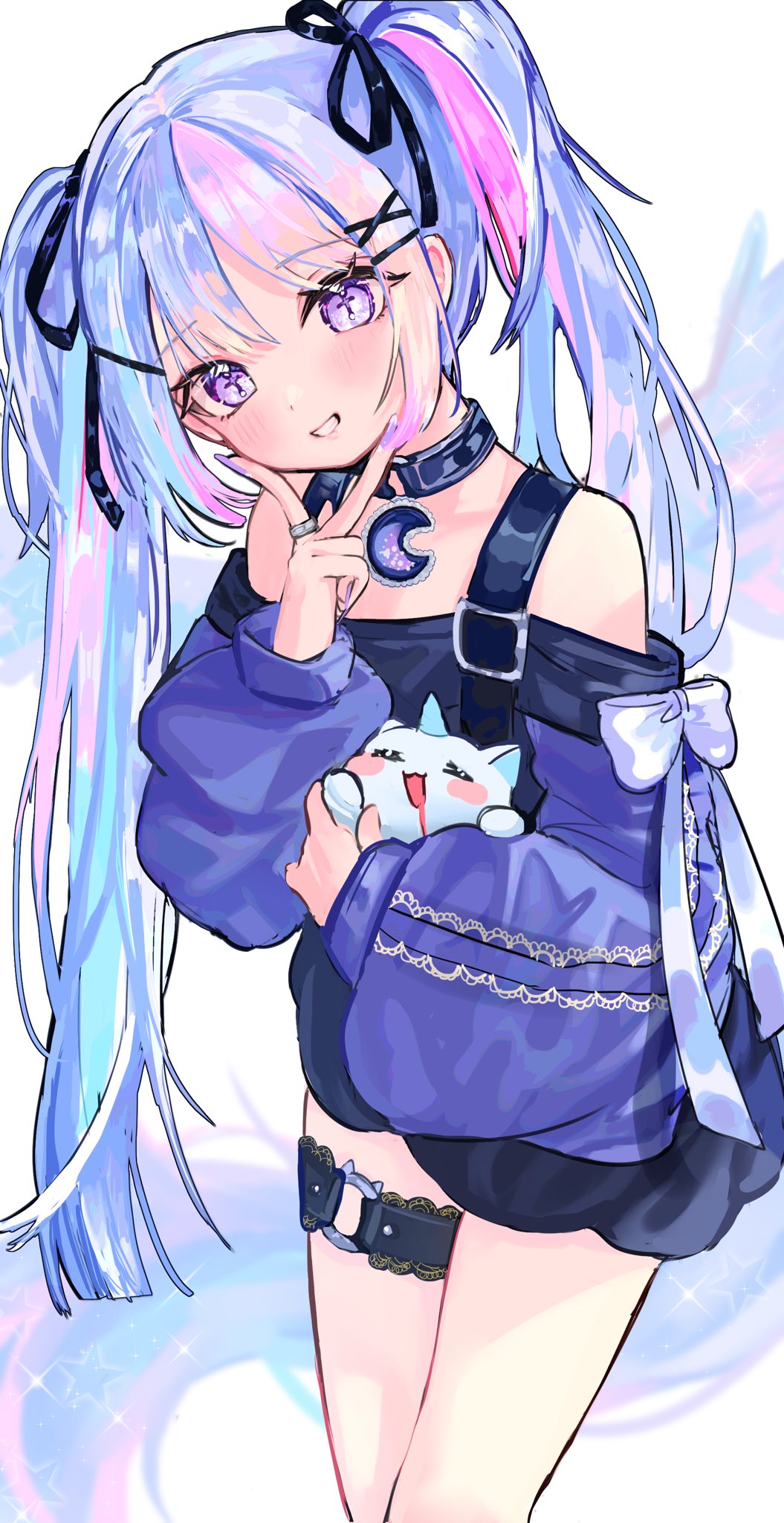 1girl, animal, arnyang_(ayatsuno_yuni), ayatsuno_yuni, bare_shoulders, belt, black_belt, black_choker, black_ribbon, black_shirt, blue_hair, blue_tail, blurry, blurry_background, blush, choker, collarbone, commentary_request, cowboy_shot, crescent, cross-shaped_pupils, fingernails, grin, hair_ornament, hair_ribbon, hairclip, haro_(1026_86), head_tilt, highres, holding, holding_animal, jewelry, long_fingernails, long_hair, long_sleeves, looking_at_viewer, looking_to_the_side, multicolored_hair, multicolored_ribbon, multicolored_tail, multicolored_wings, nail_polish, o-ring, o-ring_choker, o-ring_thigh_strap, off-shoulder_shirt, off_shoulder, open_mouth, pink_hair, pink_tail, puffy_long_sleeves, puffy_sleeves, purple_hair, purple_nails, purple_sleeves, purple_tail, ribbon, ring, shirt, sidelocks, smile, solo, sparkle, star_(symbol), stellive, streaked_hair, swept_bangs, symbol-shaped_pupils, tail, teeth, thick_eyelashes, thigh_strap, thighs, turning_head, twintails, v_over_mouth, very_long_hair, violet_eyes, virtual_youtuber, white_background, wings, x_hair_ornament