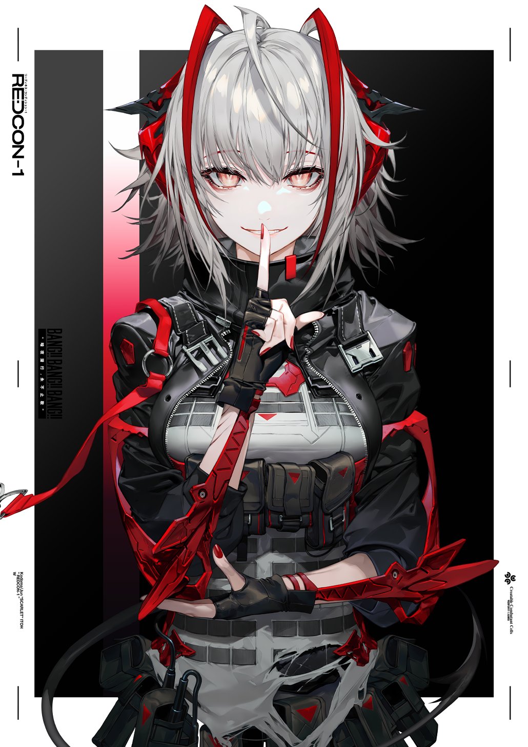 1girl, adapted_costume, ahoge, antenna_hair, arknights, bandana, black_background, black_bandana