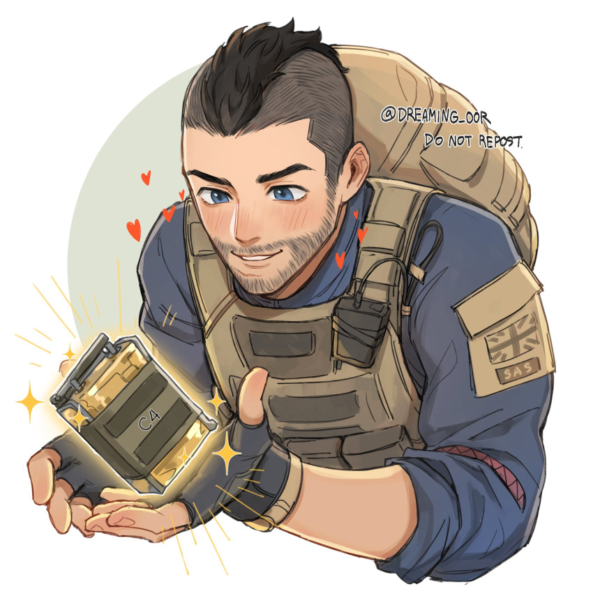 1boy, backpack, bag, black_gloves, black_hair, blue_eyes, blue_shirt, bulletproof_vest, call_of_duty, call_of_duty:_modern_warfare_2, dreaming_oor, explosive, facial_hair, fingerless_gloves, gloves, grenade, heart, highres, holding, male_focus, shirt, short_hair, simple_background, smile, soap_(modern_warfare_2), solo, twitter_username, white_background
