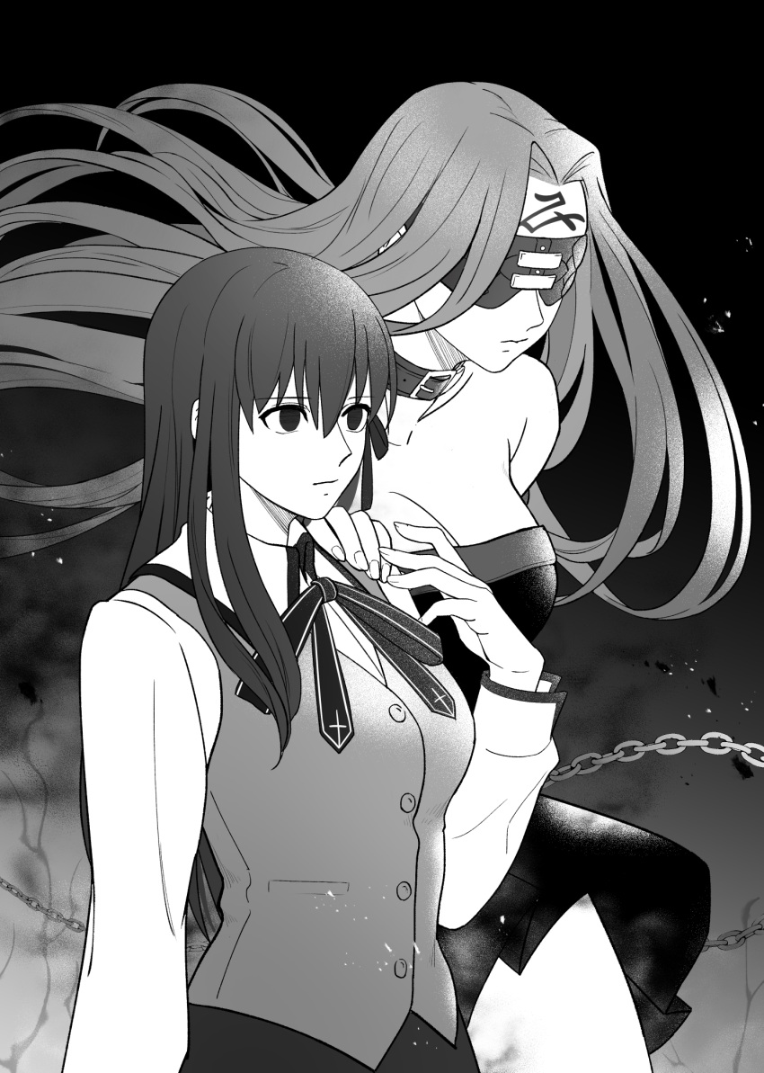2girls, blindfold, chain, choker, facial_mark, fate_(series), forehead, forehead_mark, grinning_cheshire_cat, highres, matou_sakura, medusa_(fate), medusa_(rider)_(fate), monochrome, multiple_girls
