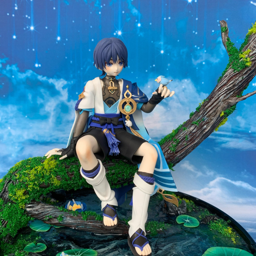 1boy, absurdres, animal_on_finger, bird, bishounen, blue_eyes, blue_hair, clay, falling_star, full_body, genshin_impact, grass, highres, kneehighs, male_focus, night, night_sky, outdoors, scaramouche_(genshin_impact), short_hair, sitting, sky, socks, solo, unconventional_media, xiao_xi_yuki