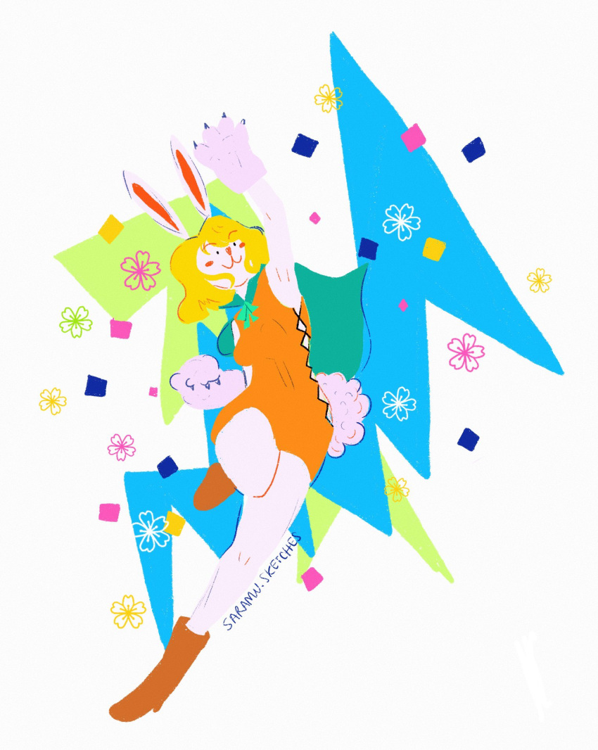 1girl, :3, animal_ears, arm_up, artist_name, blonde_hair, boots, cape, carrot_(one_piece), confetti, dress, english_commentary, flower, full_body, green_cape, highres, one_piece, orange_dress, rabbit_ears, rabbit_girl, rabbit_tail, saramusketches, short_hair, solo, standing, standing_on_one_leg, tail