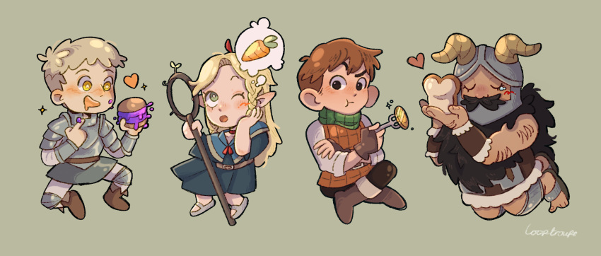 1girl, 3boys, beard, blush, bread, chilchuck_tims, closed_eyes, deformed