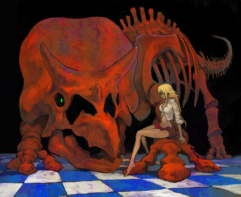 barefoot, blonde_hair, checkered, checkered_floor, crop_top, dark_skin, dinosaur, fossil