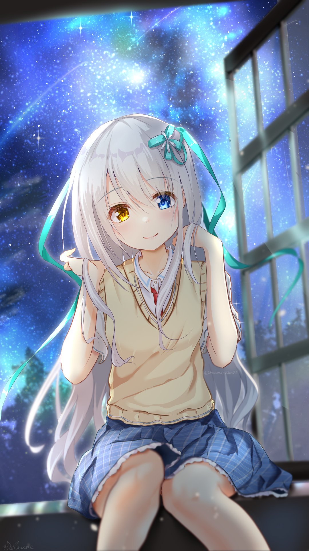 1girl, adjusting_hair, amanogawa_saya, aqua_ribbon, backlighting, blue_eyes, blue_skirt, blurry