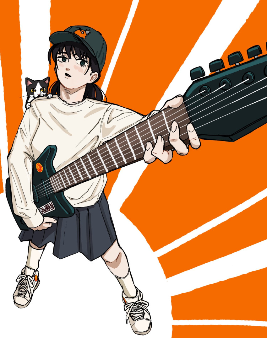1girl, black_baseball_cap, black_hair, cat, chainsaw_man, goldenpenhd, guitar, highres