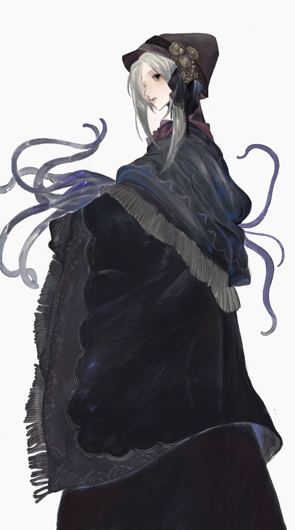 1boy, 1girl, ascot, black_eyes, bloodborne, bonnet, cloak, flower