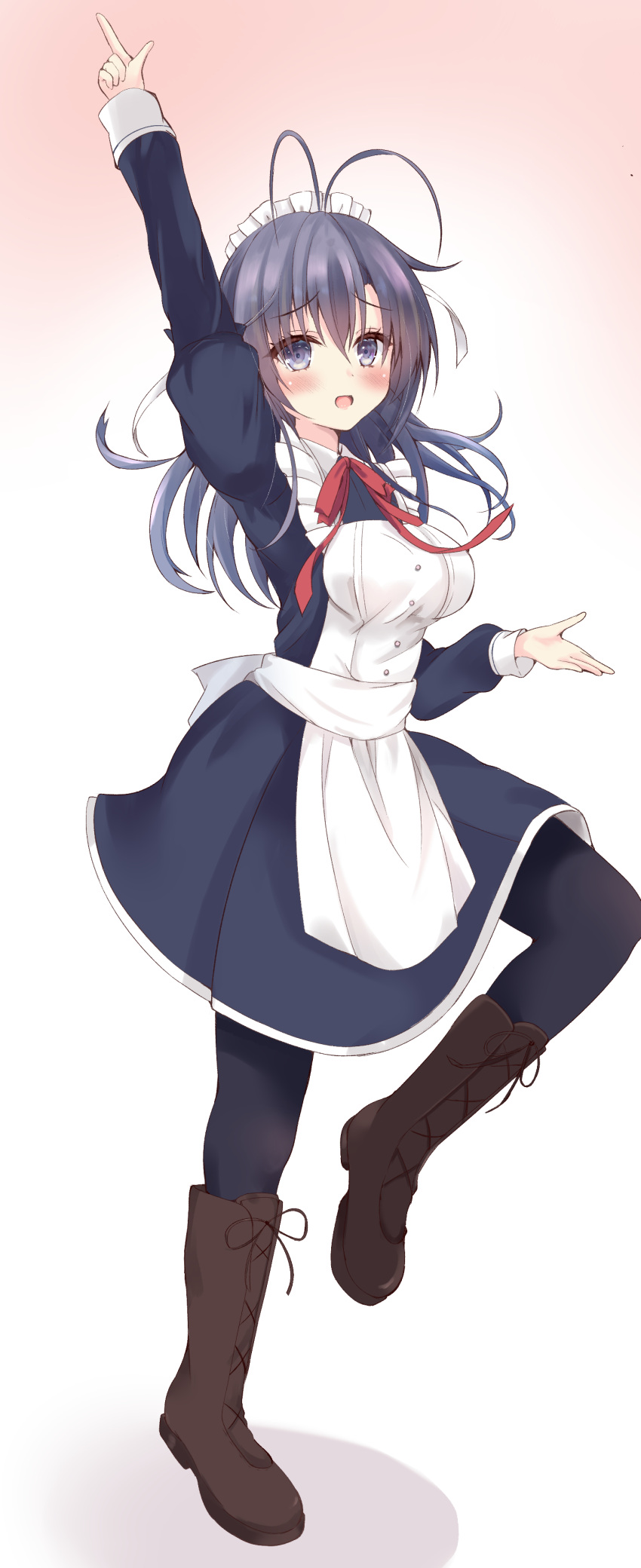 1boy, :d, absurdres, antenna_hair, apron, arm_up, black_footwear, black_hair