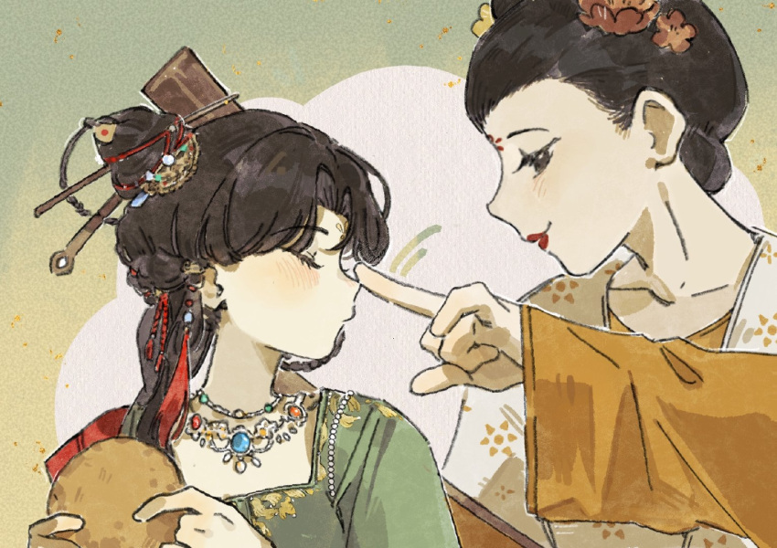 2girls, black_eyes, black_hair, chinese_clothes, chinese_hairpin, closed_eyes, dipper, facial_mark