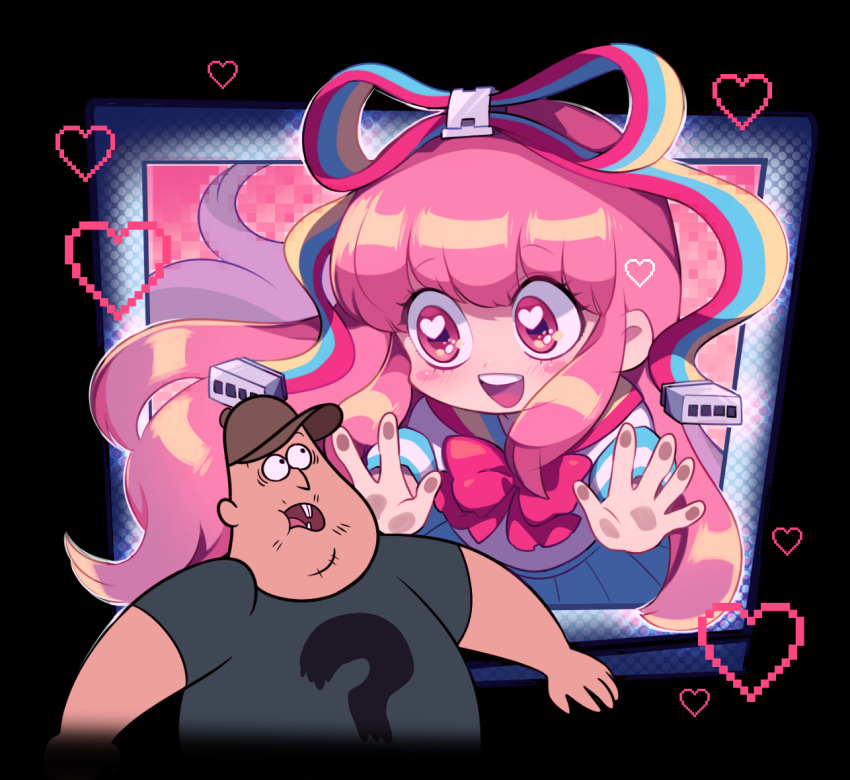 1boy, 1girl, black_eyes, brown_hat, giffany, gravity_falls, grey_shirt, pink_bowtie