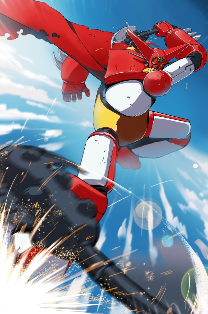 absurdres, arm_blade, axe, cape, clouds, getter-1, getter_robo, getter_robo_(1st_series)