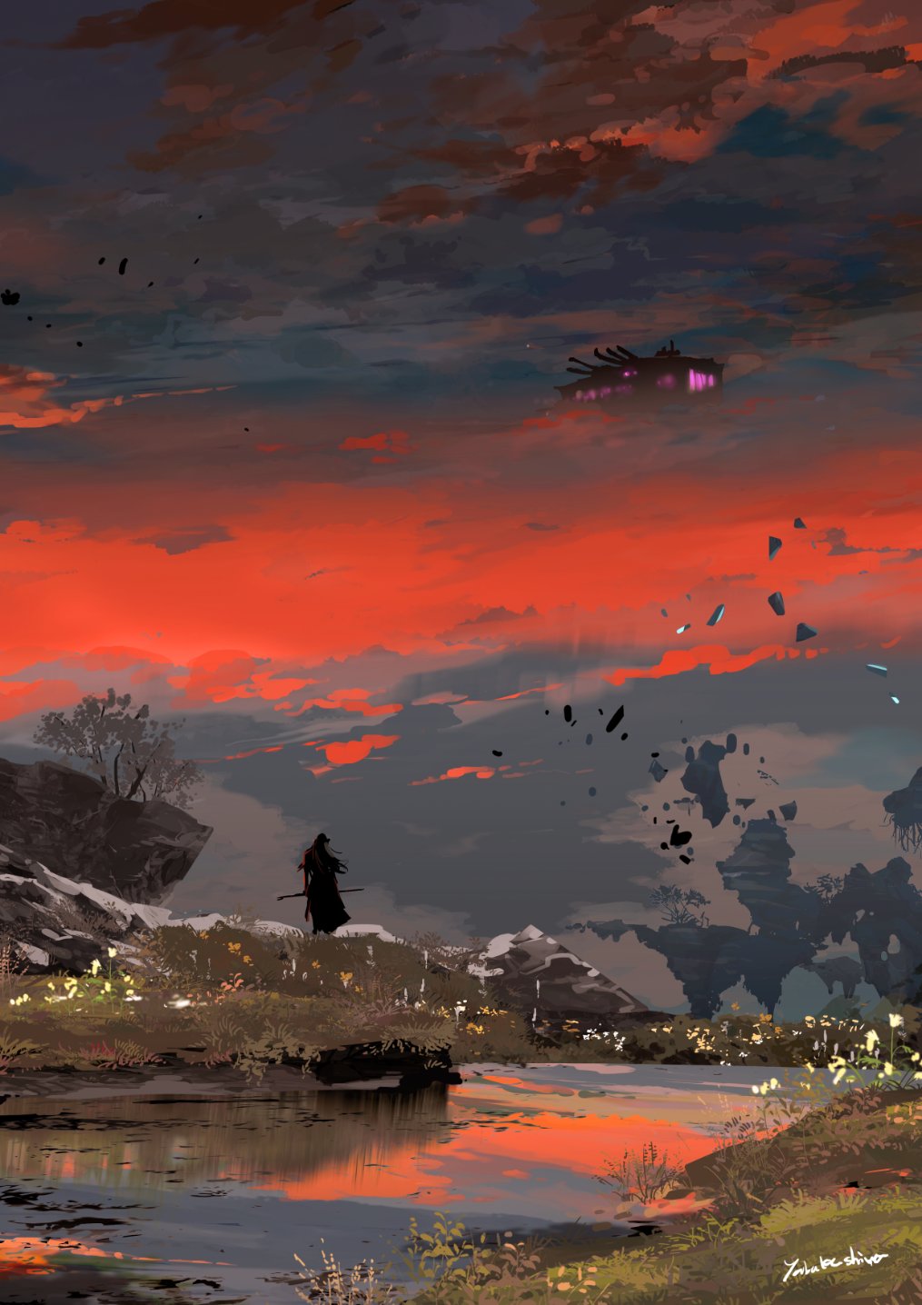 1other, aircraft, airship, ambiguous_gender, artist_name, clouds, cloudy_sky, debris