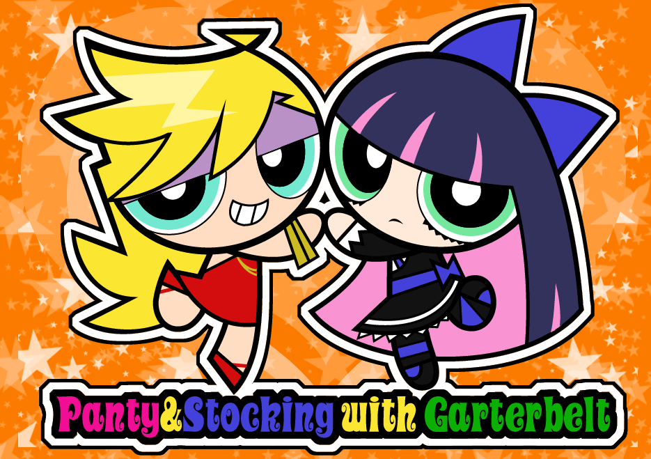 2girls, bow, craig_mccracken_(style), hair_bow, hyo, long_hair, multiple_girls, panty_&amp;_stocking_with_garterbelt, panty_(character), panty_(psg), parody, powerpuff_girls, stocking_(character), stocking_(psg), style_parody, thighhighs