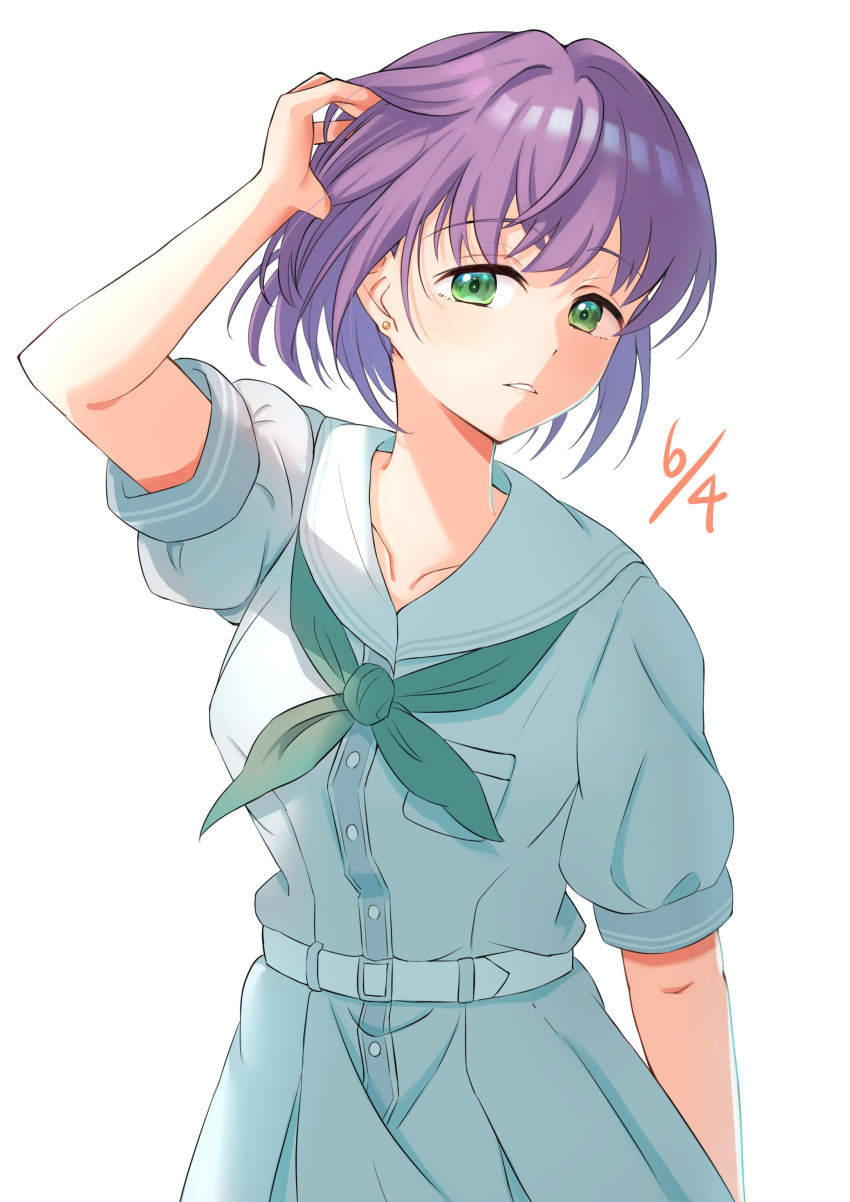 1girl, absurdres, alternate_hair_length, alternate_hairstyle, aqua_neckerchief, bob_cut, breasts, collarbone