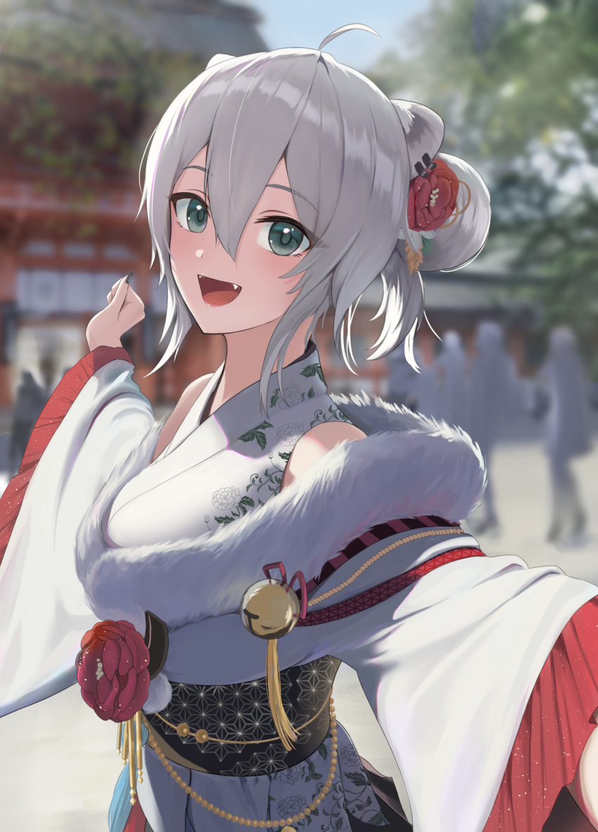 1girl, ahoge, animal_ears, black_nails, black_sash, fangs, floral_print, flower