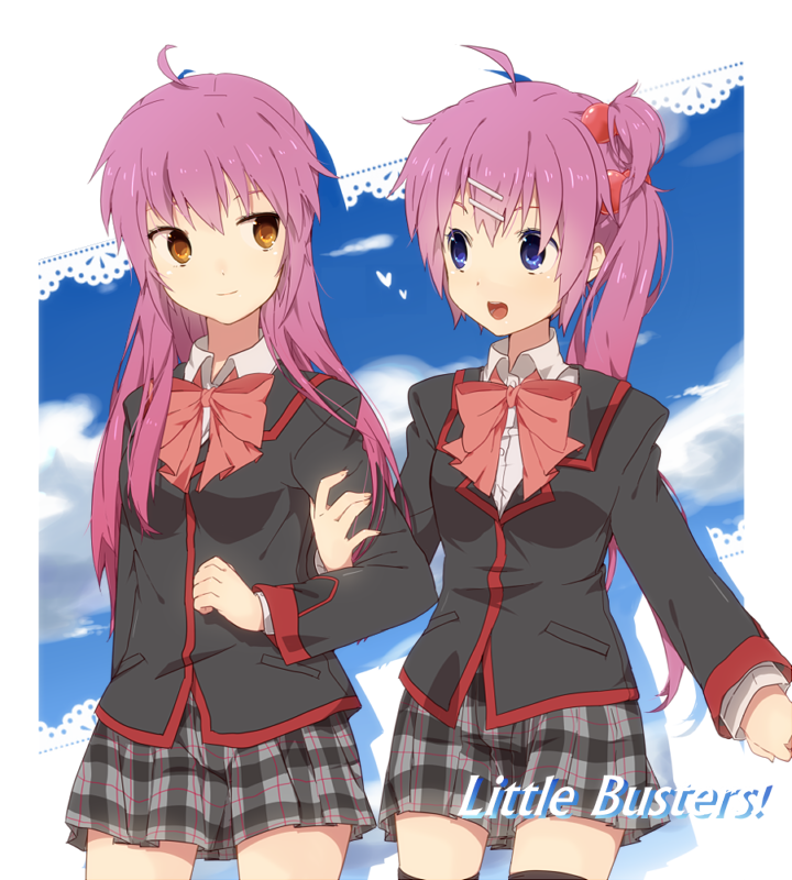 bad_id, blue_eyes, brown_eyes, cloud, futaki_kanata, hair_bobbles, hair_ornament, hairpin