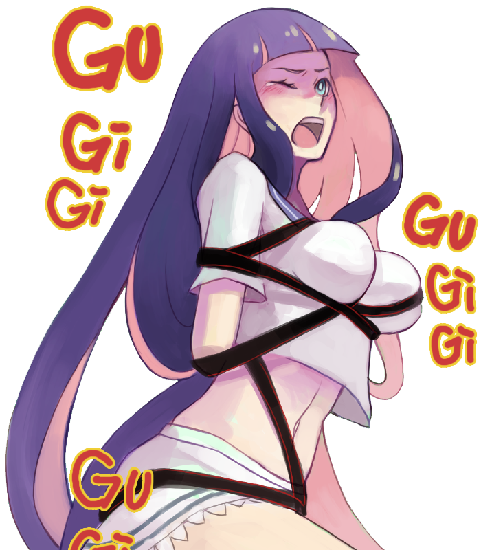 arms_behind_back, bdsm, blue_eyes, blush, bondage, box_tie, ghost_(psg), long_hair, midriff, panty_&amp;_stocking_with_garterbelt, purple_hair, sailor_collar, simple_background, solo, stocking_(character), stocking_(psg), tears, toyger, very_long_hair, wince