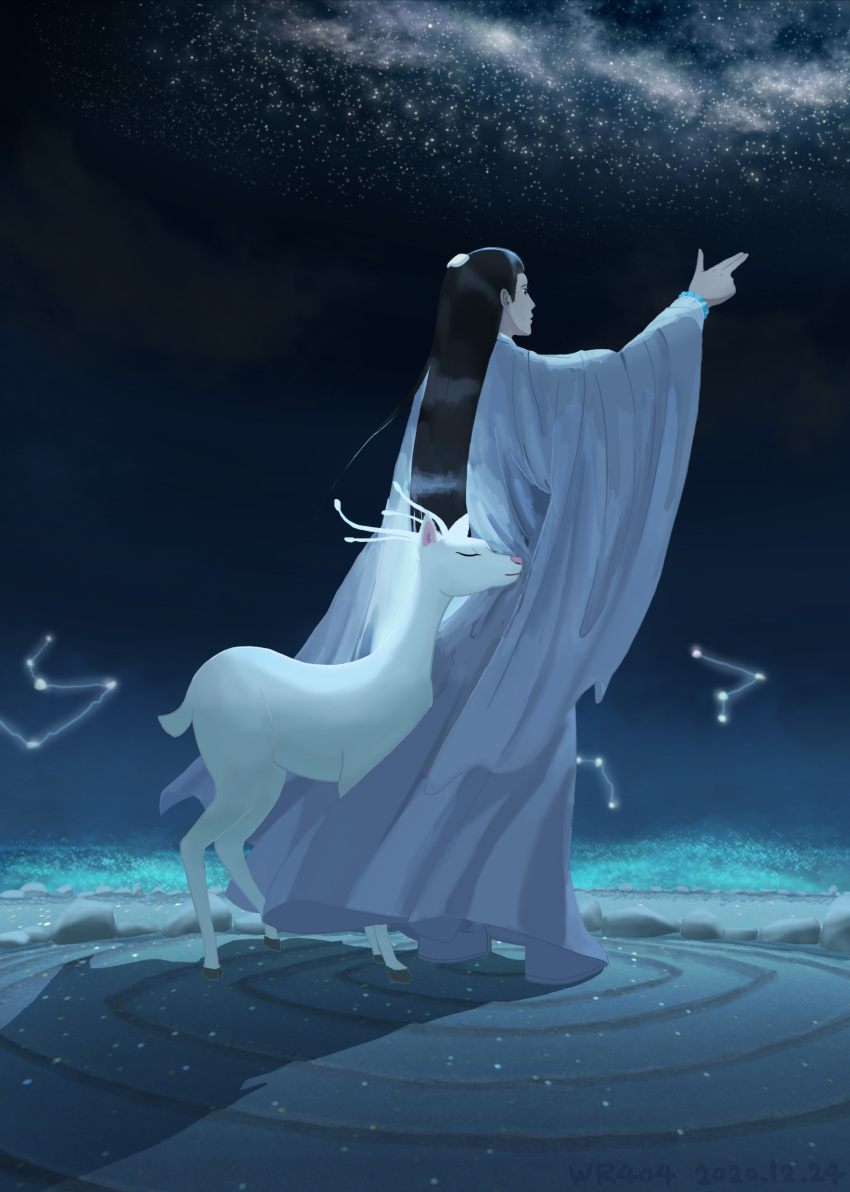 1boy, absurdres, artist_name, ashes_of_love, black_hair, chinese_clothes, constellation, copyright_request, dated, goat, highres, long_hair, looking_afar, night, night_sky, pointing, sky, standing, star_(sky), starry_sky, very_long_hair, white_footwear, wide_sleeves, windrider404