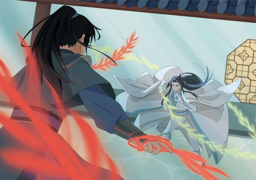 2boys, architecture, black_hair, chu_wanning, east_asian_architecture, erha_he_tadebai_mao_shizun, eye_contact, fighting