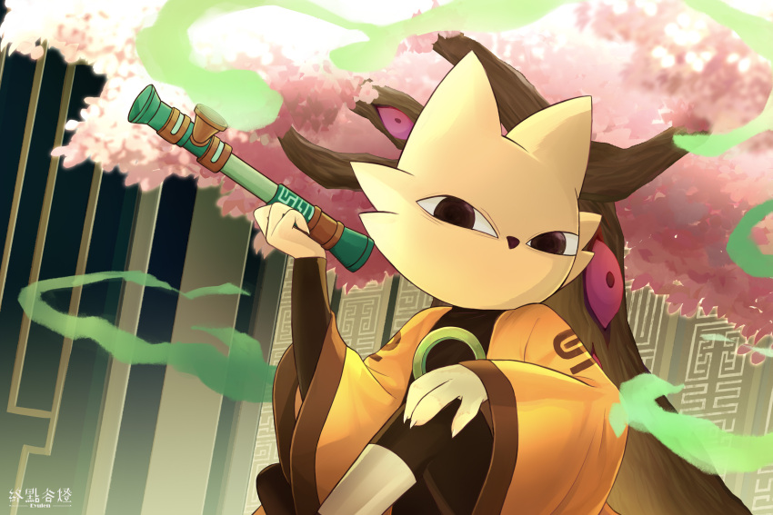 artist_name, black_eyes, cherry_blossoms, colored_smoke, eyulen, highres, holding, holding_smoking_pipe