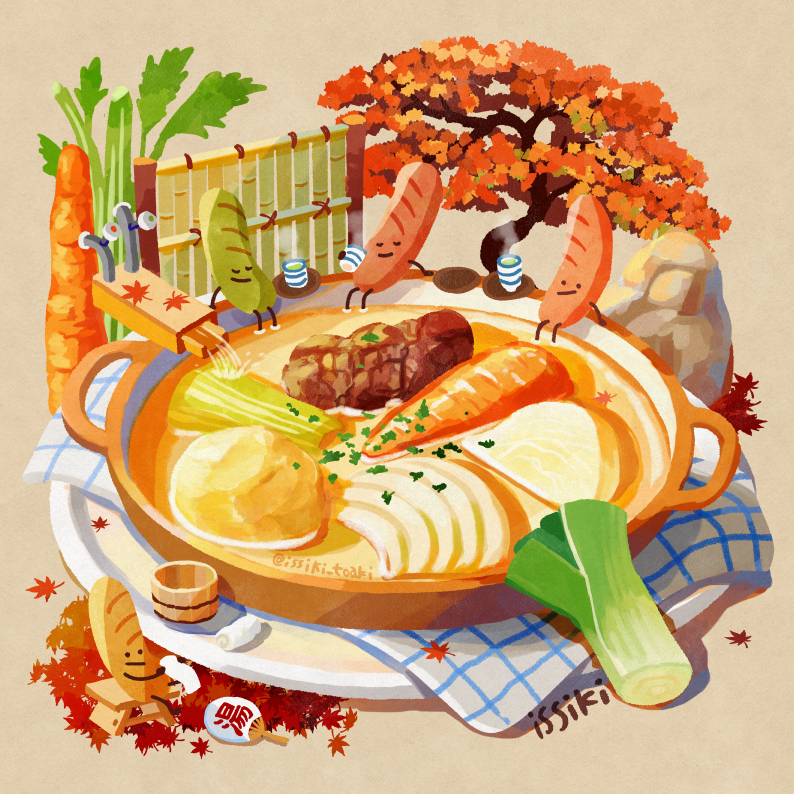 artist_name, ashiyu, bamboo, bowl, carrot, food, food_focus, hand_fan, issiki_toaki, no_humans, original, plate, potato, sausage, sitting, soup, spring_onion, steam, tea, tree, vegetable