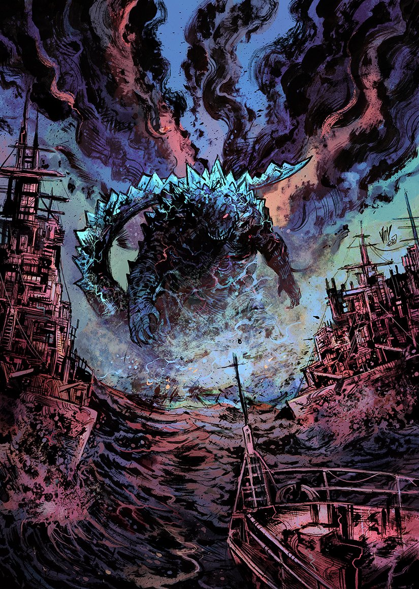 commentary, english_commentary, fire, glowing, glowing_eyes, godzilla, godzilla_(series), godzilla_minus_one
