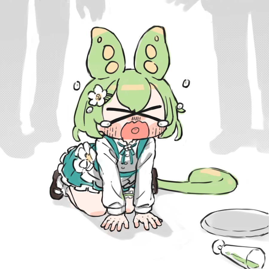 >_<, 1girl, 2others, alternate_costume, apron, aqua_skirt, crying, dress
