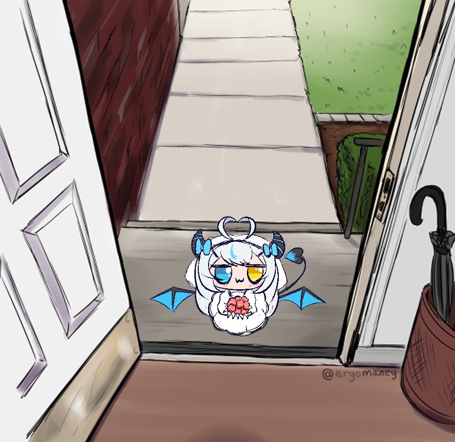 :3, akugaki_koa, antenna_hair, black_horns, black_tail, black_wings, blue_bow, blue_eyes