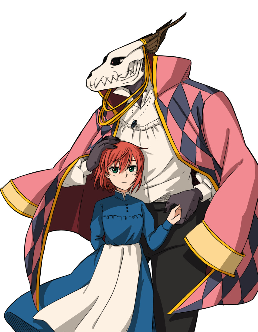 1boy, 1girl, absurdres, animal_head, animal_skull, apron, black_pants, blouse