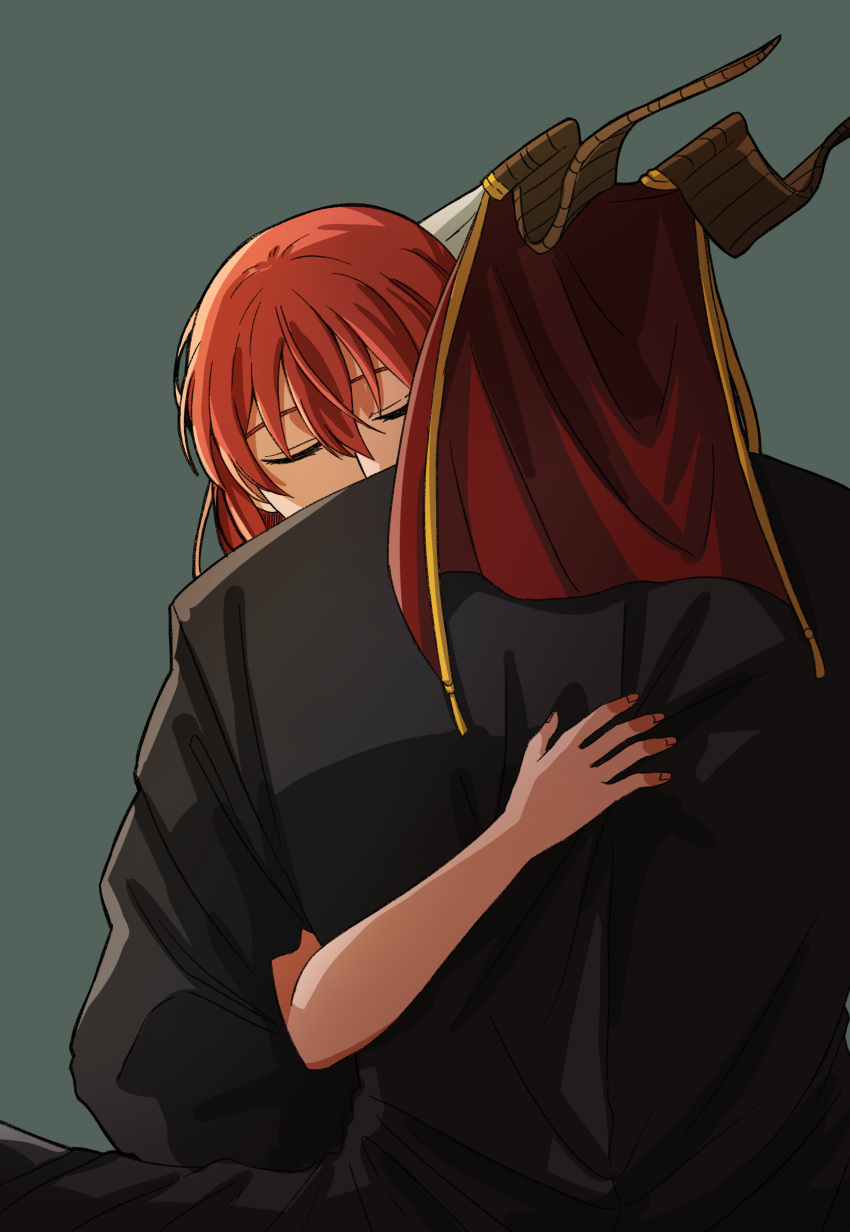 1boy, 1girl, absurdres, black_coat, closed_eyes, coat, couple, delfuze