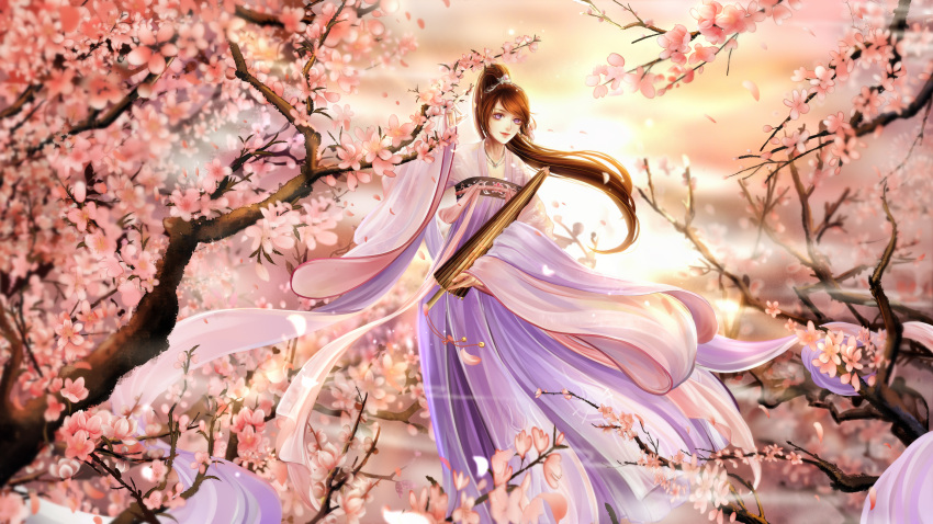 1girl, absurdres, anhuijinyu_(budinziailun), brown_hair, cherry_blossoms, chinese_clothes, closed_umbrella, highres