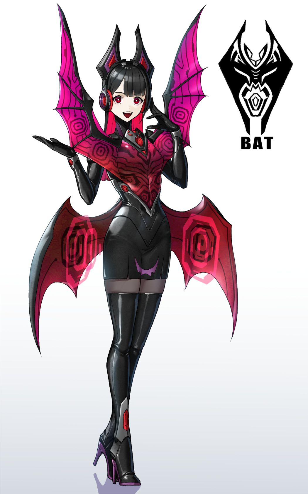 1girl, :d, animal_ear_headphones, animal_ears, bat_wings, black_dress, black_footwear, black_gloves