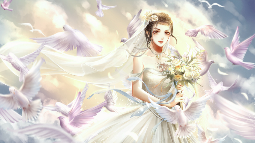 1girl, anhuijinyu_(budinziailun), bare_shoulders, bird, bouquet, brown_eyes, brown_hair, clouds