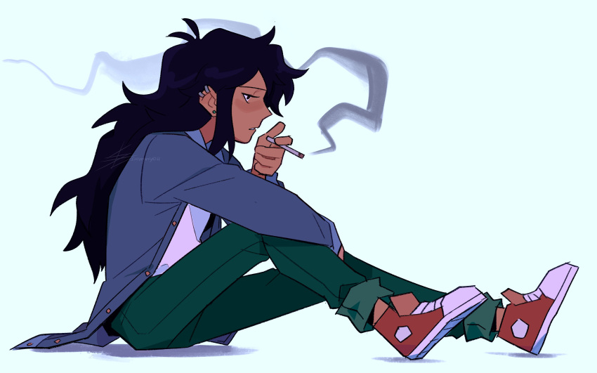 1girl, absurdres, amphibia, black_hair, bored, brown_eyes, cigarette, dark_skin