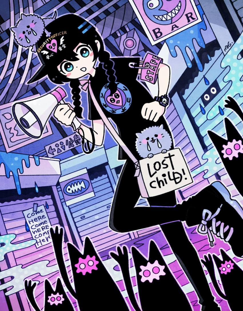 1girl, animal_on_head, armband, bag, bar_(place), baseball_cap, black_footwear, black_hair