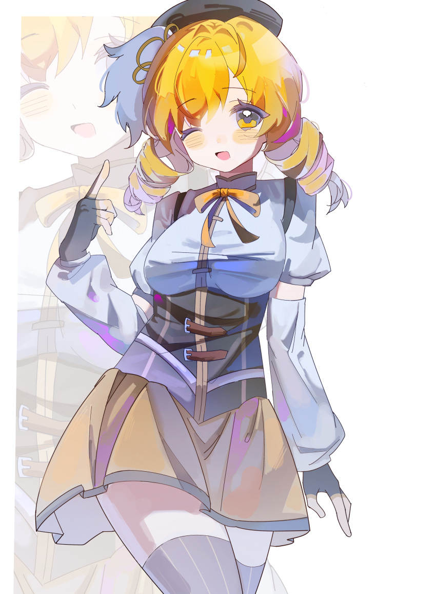 1girl, ;d, absurdres, black_beret, black_gloves, black_hat, black_tail, blonde_hair