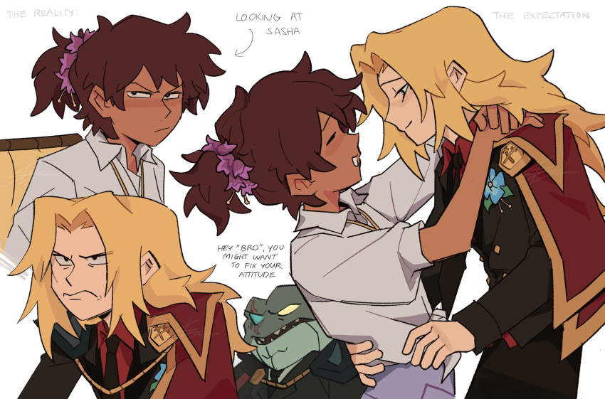 2girls, amphibia, anne_boonchuy, blonde_hair, brown_hair, cape, closed_eyes, dancing
