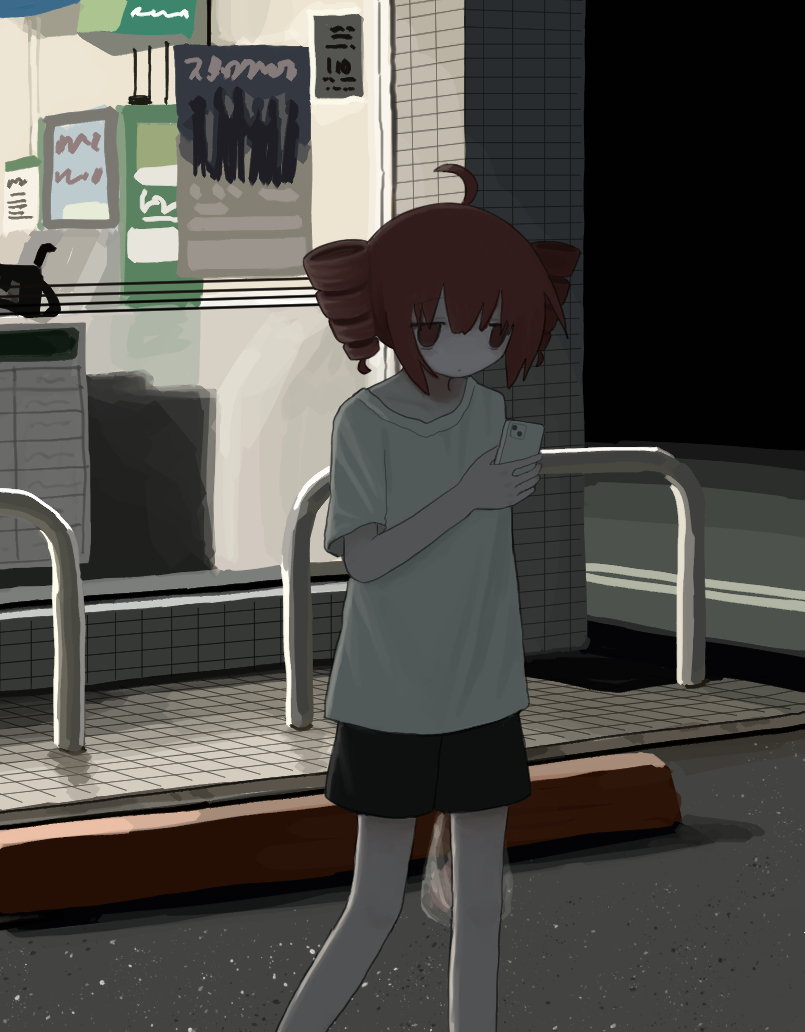 1girl, ahoge, alternate_costume, bag, black_shorts, building, cellphone, drill_hair, feet_out_of_frame, hashtag-only_commentary, holding, holding_bag, holding_phone, kasane_teto, night, outdoors, phone, plastic_bag, red_eyes, redhead, shirt, short_sleeves, shorts, smartphone, solo, standing, t-shirt, twin_drills, utau, utsumi_shino, white_shirt