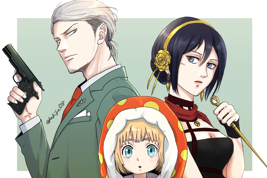 1girl, 2boys, alternate_costume, anya_(spy_x_family), anya_(spy_x_family)_(cosplay), armin_arlert, artist_name, black_dress