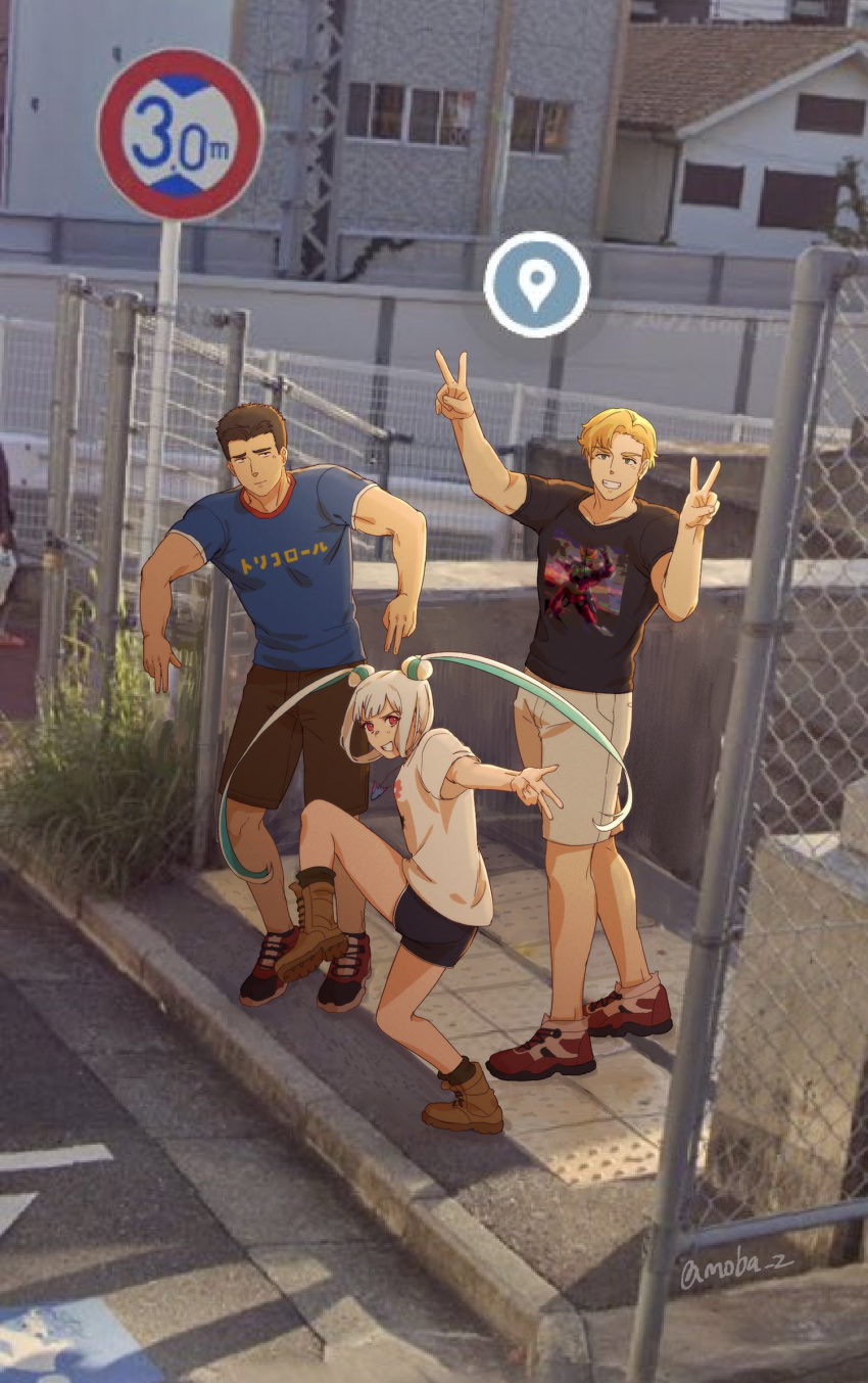 1girl, 2boys, ao_isami, black_hair, black_shirt, black_shorts, blonde_hair, blue_shirt