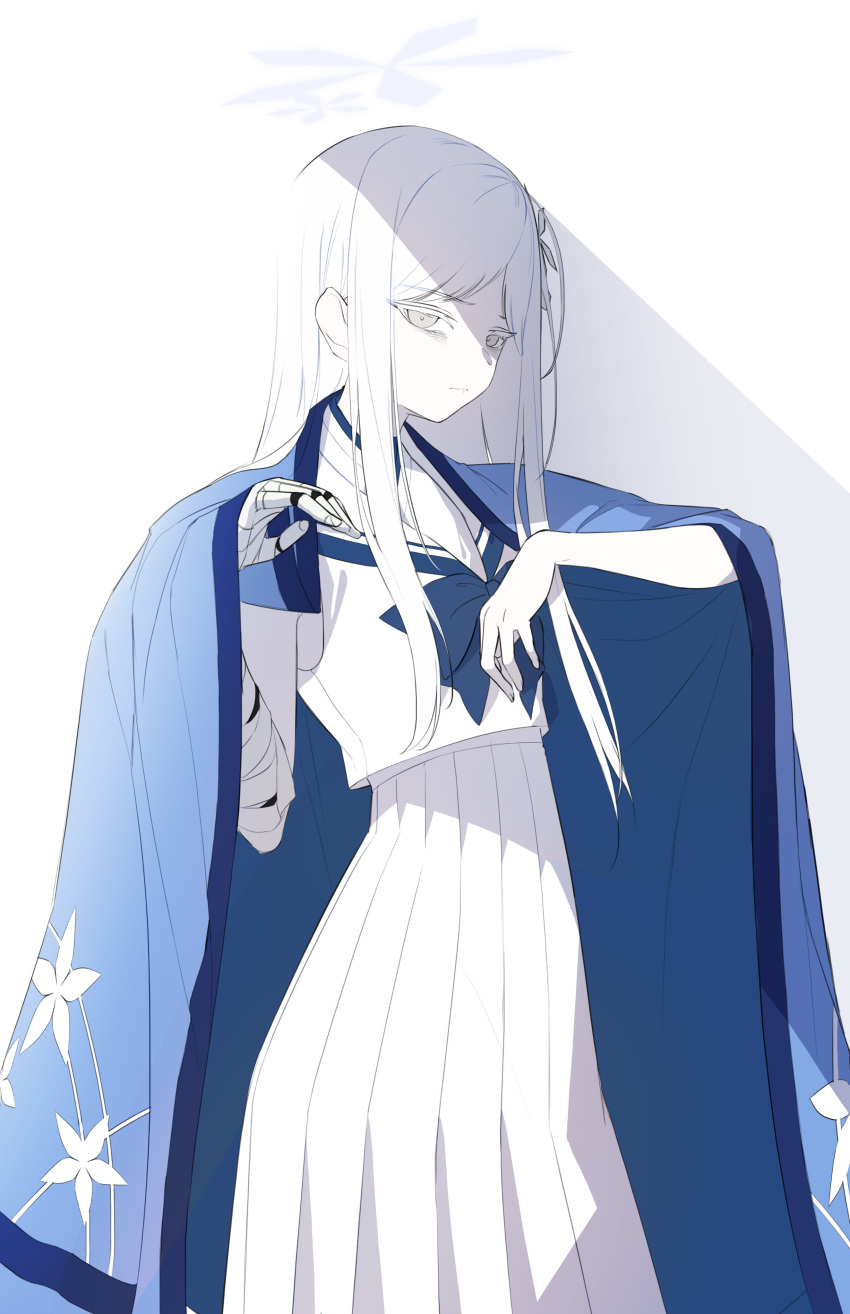 1girl, absurdres, blue_archive, closed_mouth, grey_eyes, hair_ornament, halo, haori, highres, hoshirapu, japanese_clothes, long_hair, looking_at_viewer, nagusa_(blue_archive), pleated_skirt, sailor_collar, school_uniform, serafuku, simple_background, skirt, solo, white_hair, white_sailor_collar